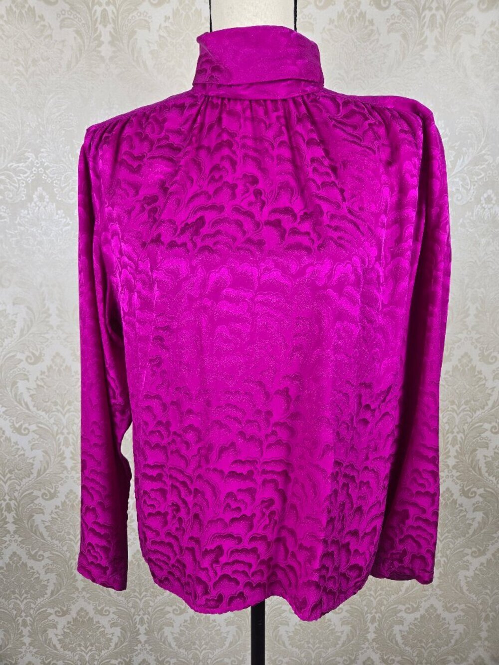 Vintage Christian Dior Sz 12 Fuchsia 100% Silk High Neck Blouse Covered Buttons
